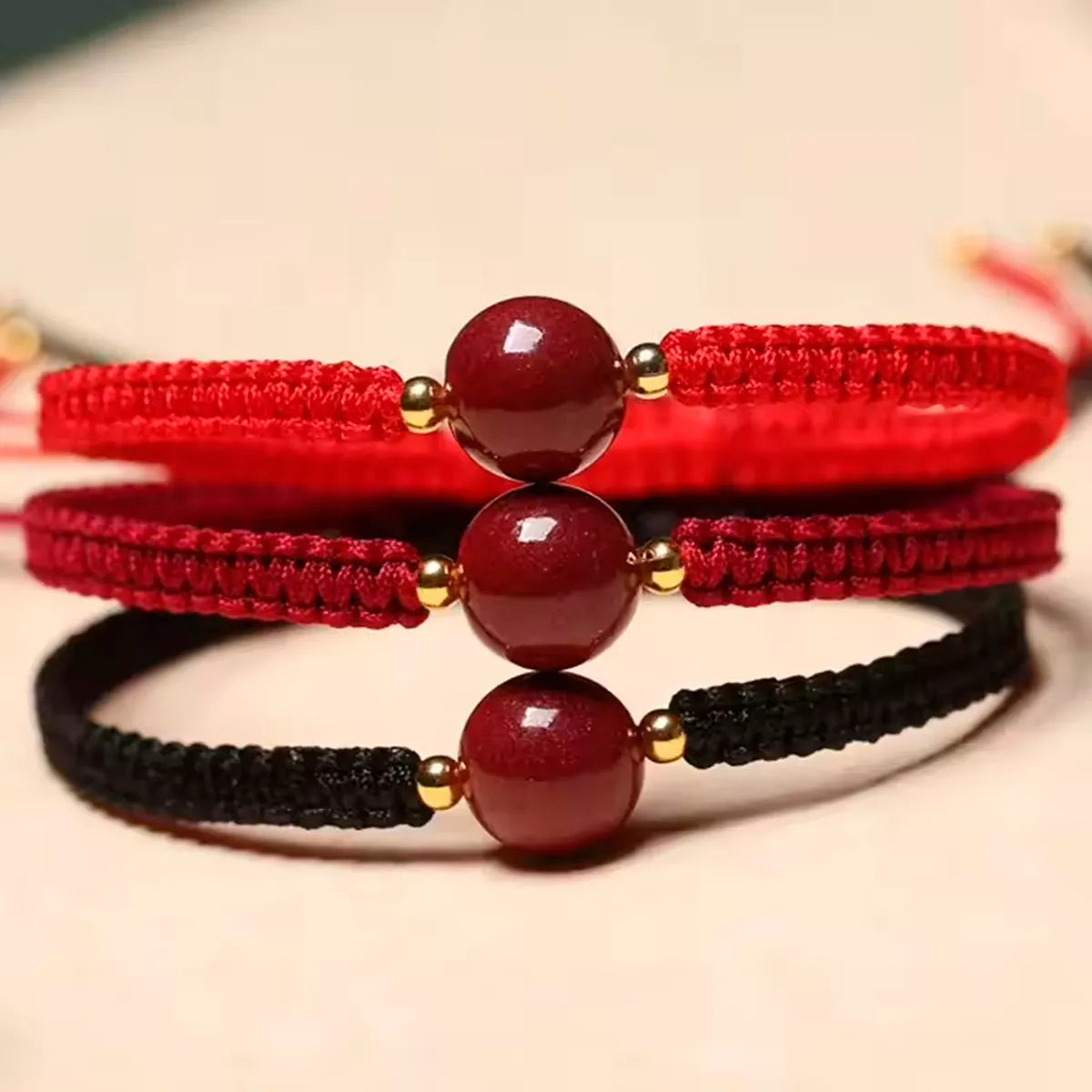 Pulsera Natural De Cinabrio Amuleto De Suerte + Oro 18k Real