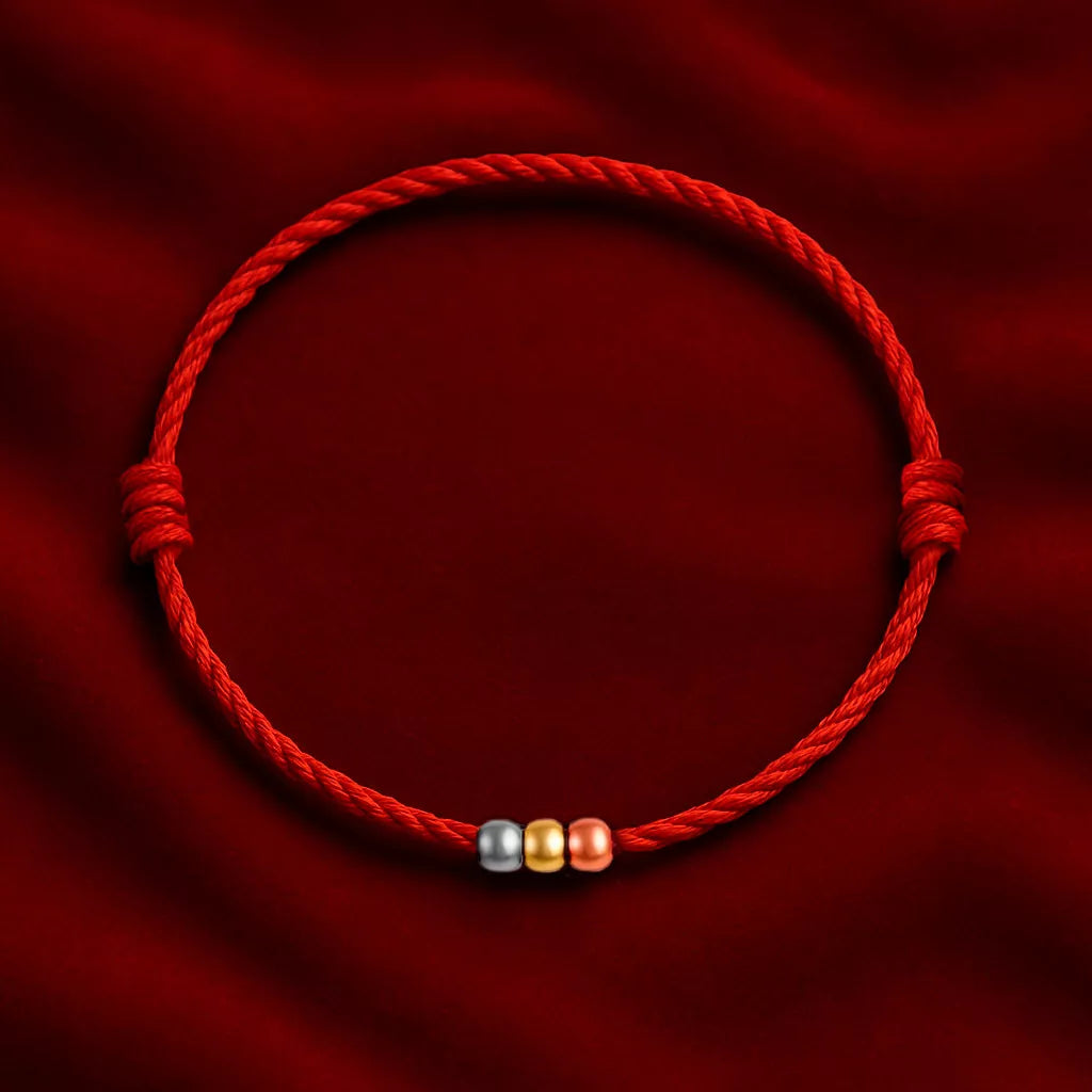 Pulsera Hilo Rojo De Los Tres Oros En Oro Real De 18 Kilates