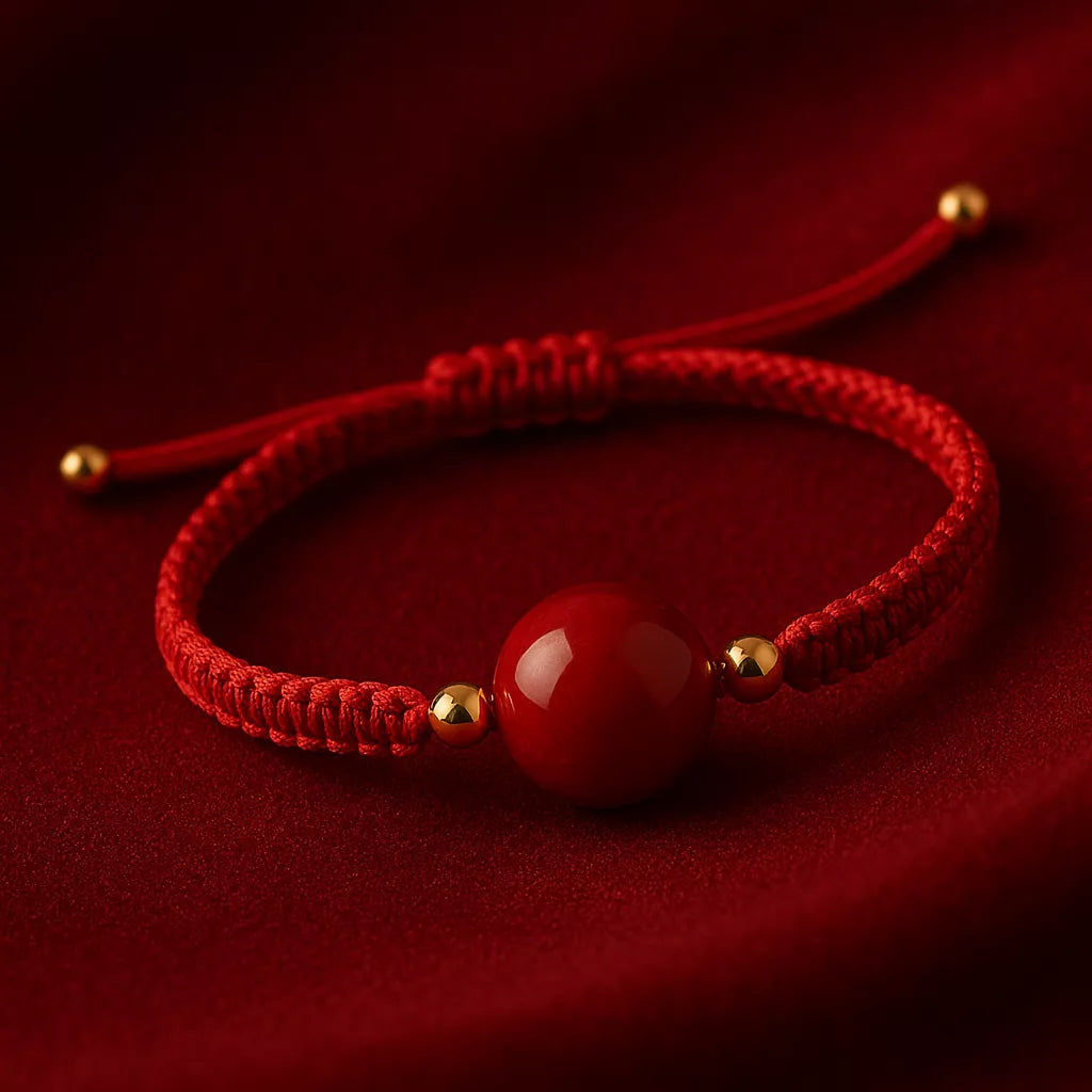 Pulsera Natural De Cinabrio Amuleto De Suerte + Oro 18k Real