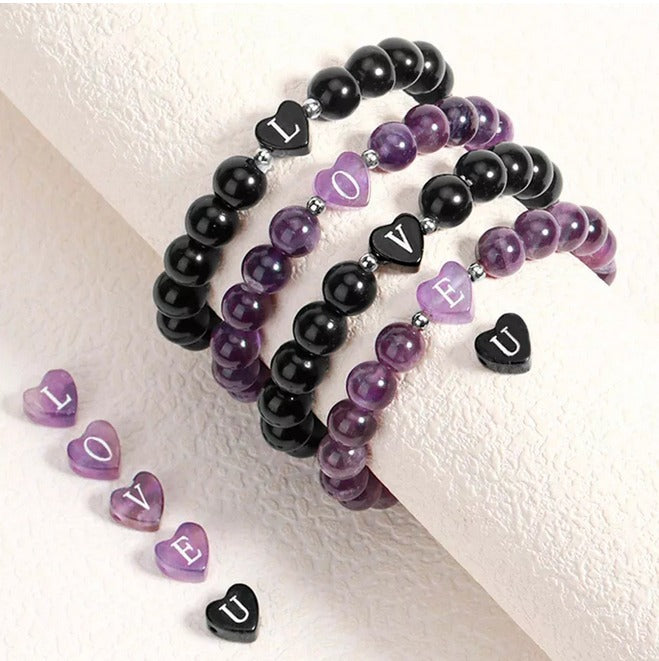 Pulsera De Piedra Natural Cuarzo Amatista Con Letra Inicial