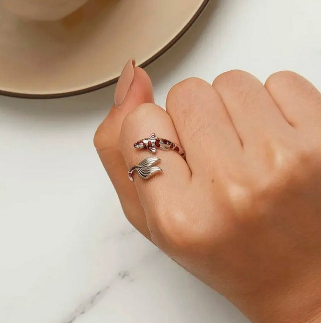 Anillo Pez De La Suerte Koi Rojo En Plata Pura De Ley 925