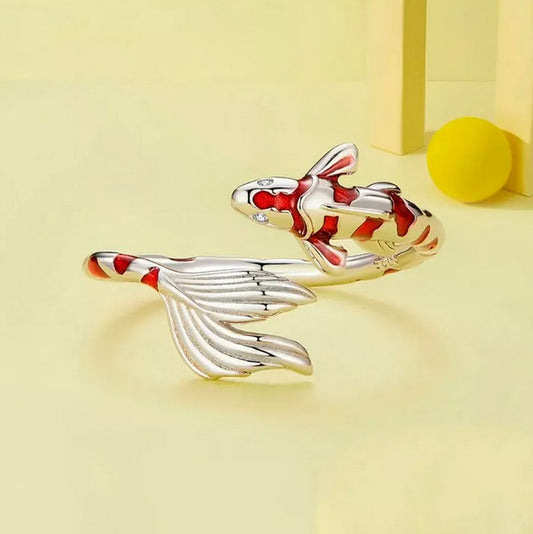 Anillo Pez De La Suerte Koi Rojo En Plata Pura De Ley 925