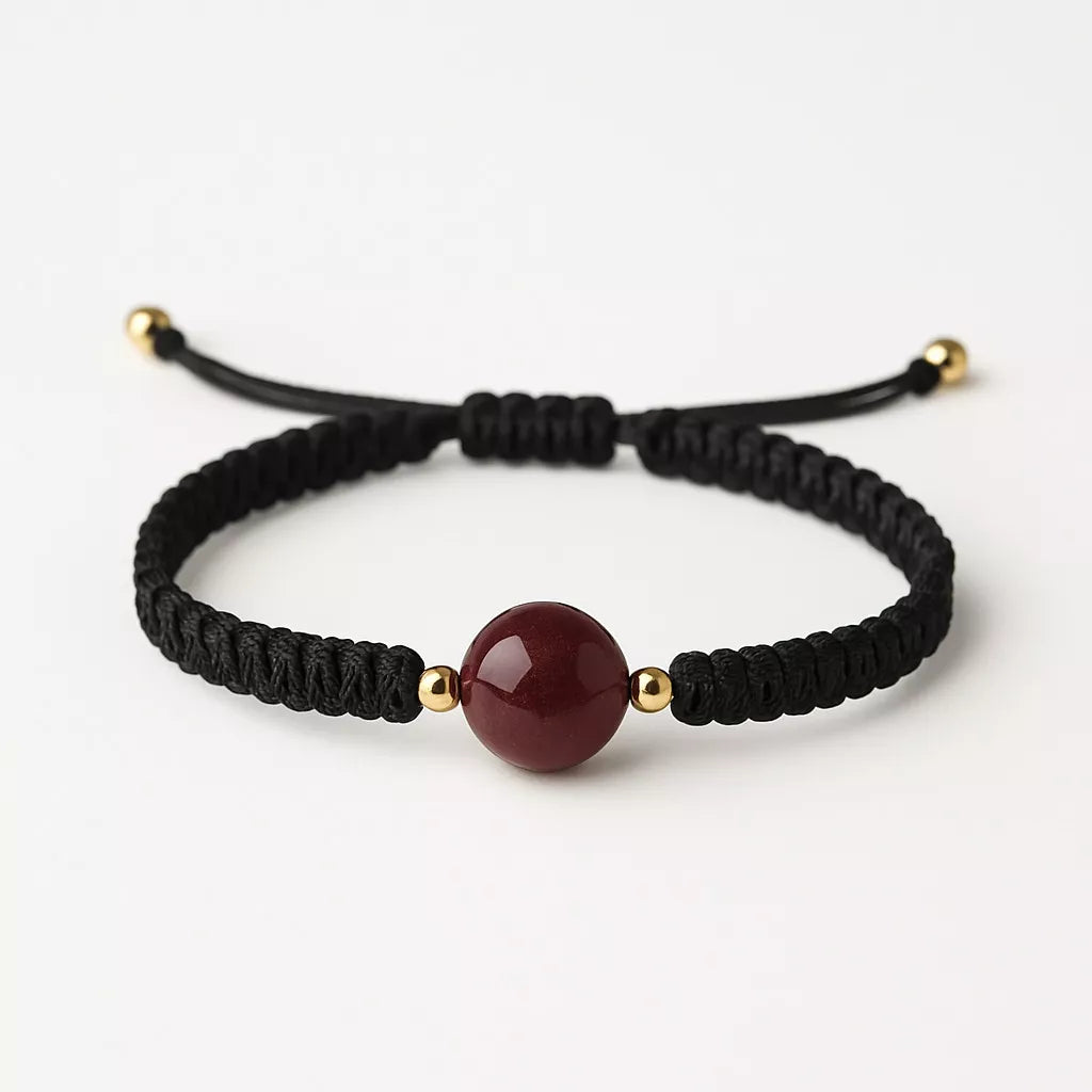 Pulsera Natural De Cinabrio Amuleto De Suerte + Oro 18k Real