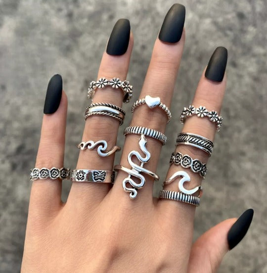 set de anillos vintage acero serpiente