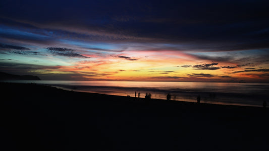 silhouette photo of person on seashore near water at golden hour