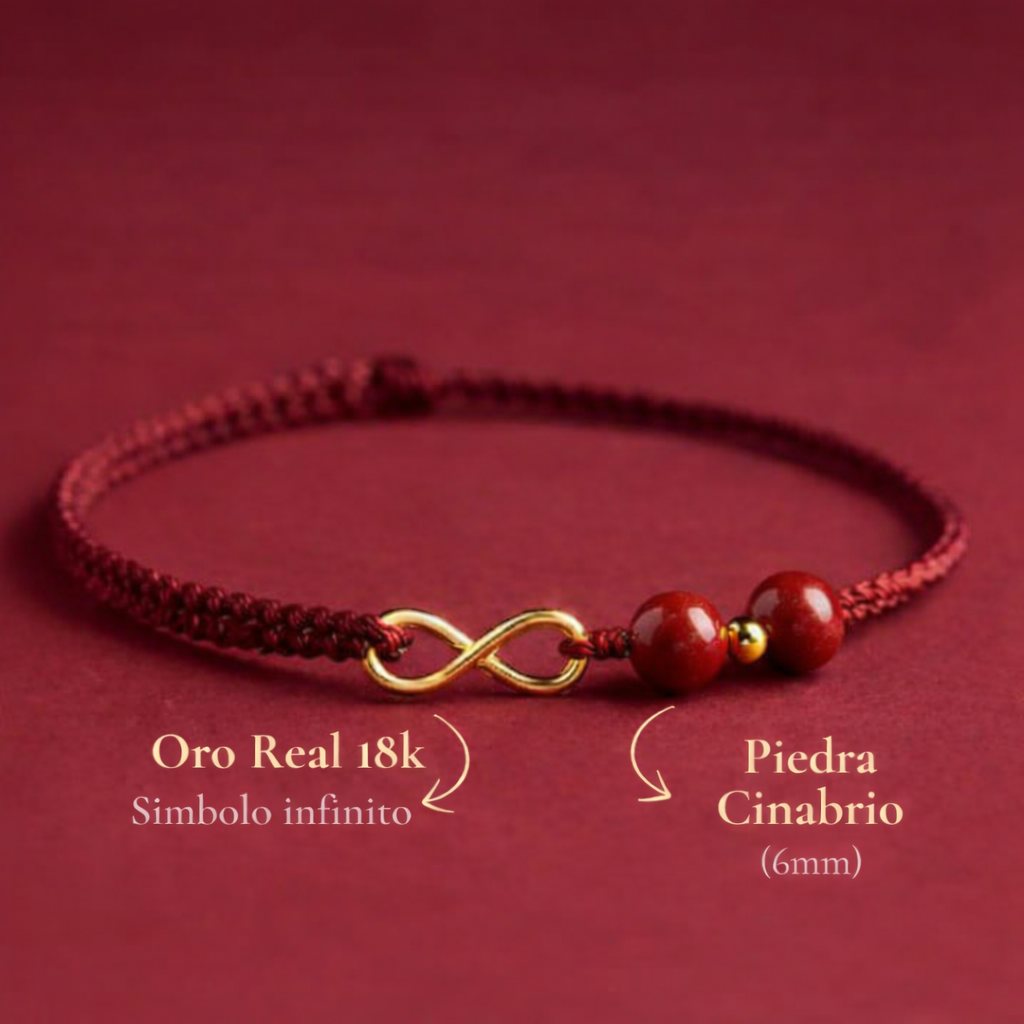 Pulsera Prosperidad Infinito Oro 18k y Piedra Cinabrio