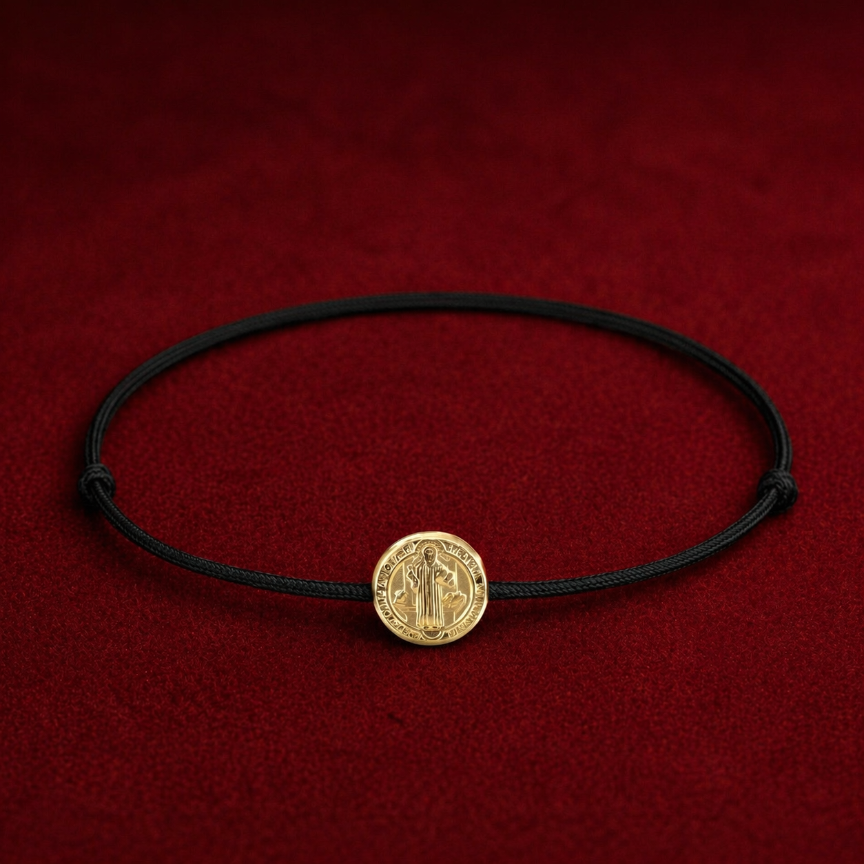 Pulsera Hilo Rojo con Medalla tambor de San Benito 18k