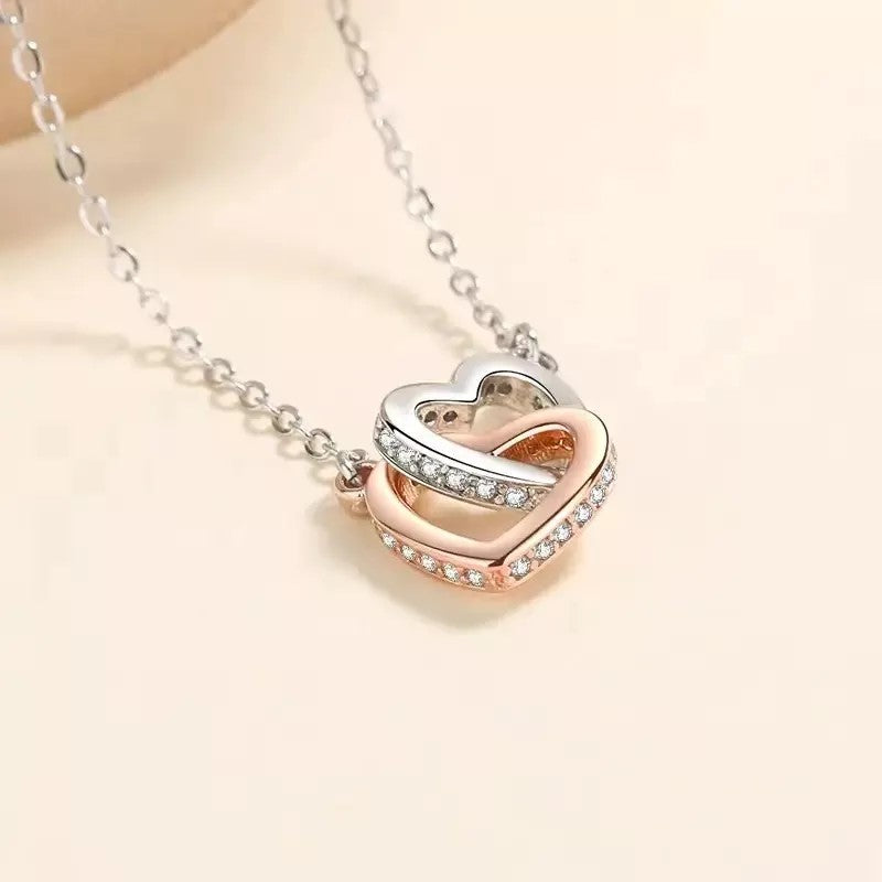 Collar Dije Corazones Plata Real con Circones Blancos