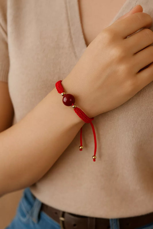Pulsera Natural Cinabrio Amuleto De Suerte +Oro 18k