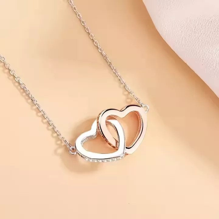 Collar Dije Corazones Plata Real con Circones Blancos