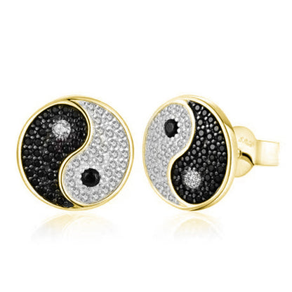 Pendientes Yin-yang Bañado En Plata De Circón Blanco Y Negro