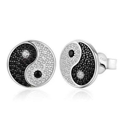 Pendientes Yin-yang Bañado En Plata De Circón Blanco Y Negro