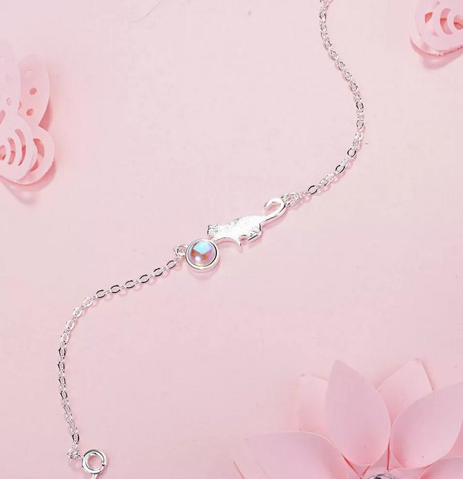 Nuevo Pulsera De Gato Y Luna En Plata Real De Ley 925 Garantizado