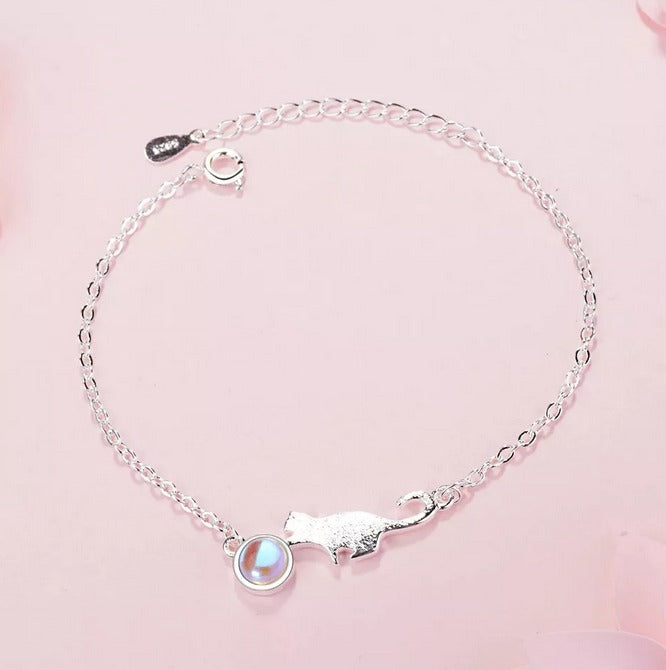 Nuevo Pulsera De Gato Y Luna En Plata Real De Ley 925 Garantizado