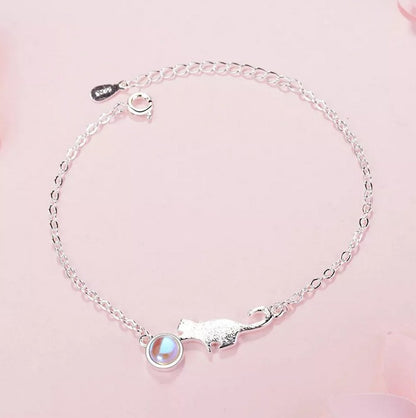 Nuevo Pulsera De Gato Y Luna En Plata Real De Ley 925 Garantizado