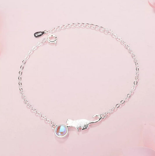Nuevo Pulsera De Gato Y Luna En Plata Real De Ley 925 Garantizado