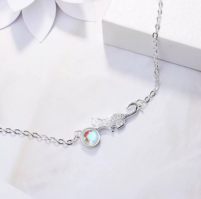 Nuevo Pulsera De Gato Y Luna En Plata Real De Ley 925 Garantizado