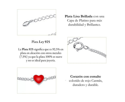 Pulsera De Corazón Rojo Carmín Exclusiva De Plata De Ley 925
