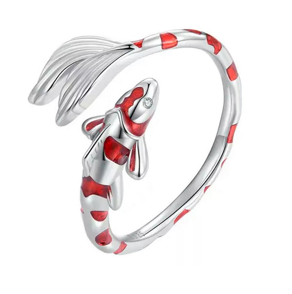 Anillo Pez De La Suerte Koi Rojo En Plata Pura De Ley 925
