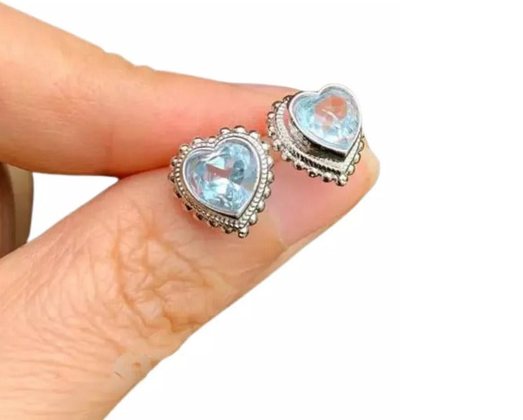 Pendientes Corazón Plata Ley 925 Agua Marina Piedra Natural