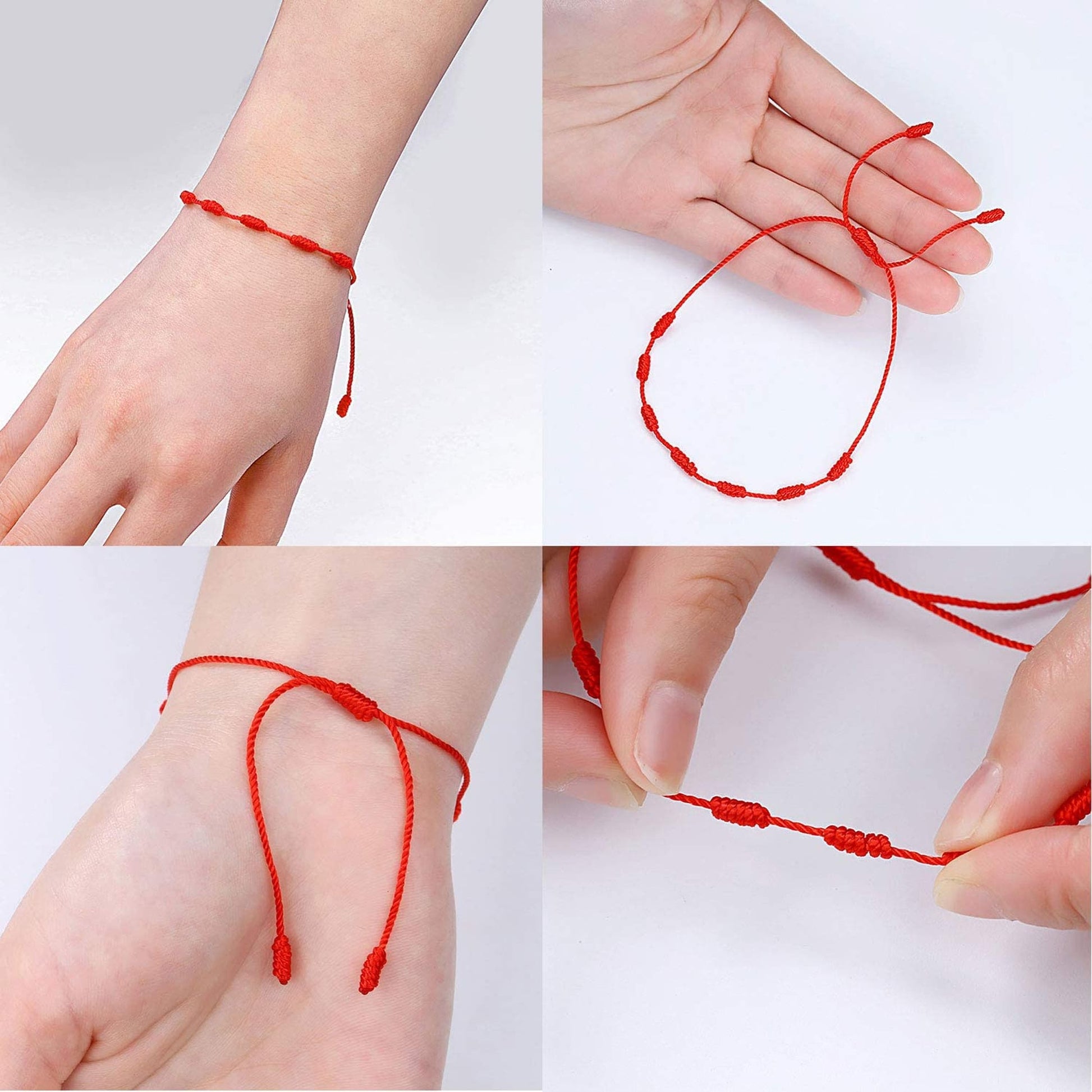 manos mostrando como es el material, resistencia y modo de uso de la pulsera de 7 Nudos.